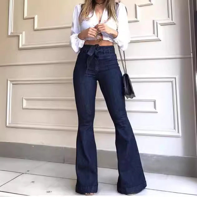 Dame Høyt skjærte Flared Jeans med stilig belte og frynset søm Skjora