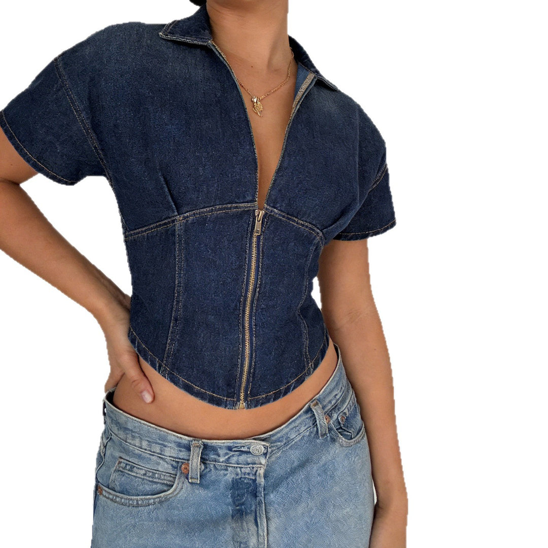 Dame Korte ermer Denim-jakke med delbar glidelås og moteriktig snitt Skjora