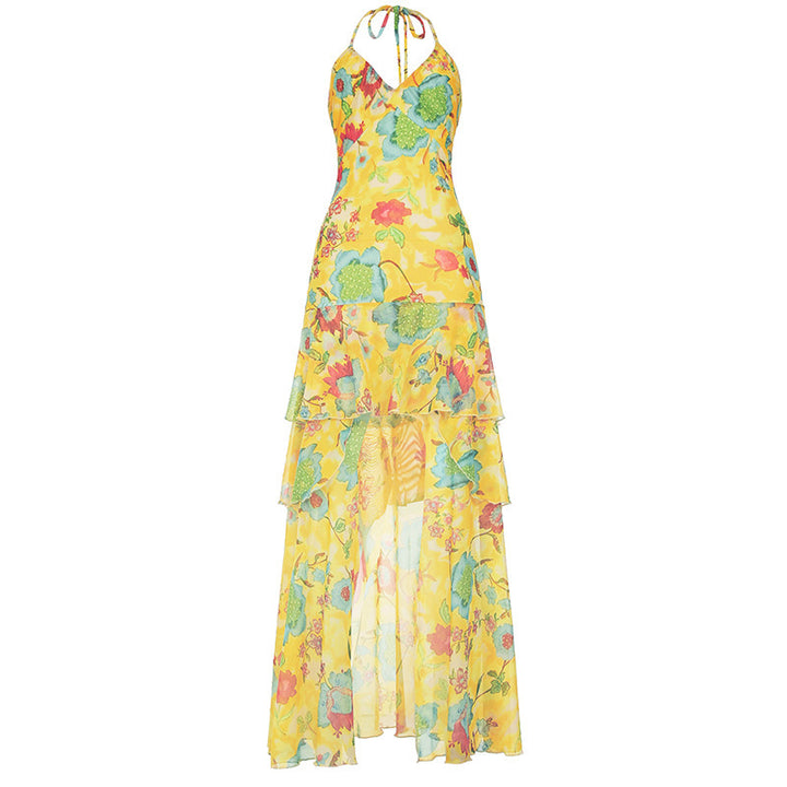 Dame maxikjole med floral lag-på-lag look og spaghetti stropper Skjora