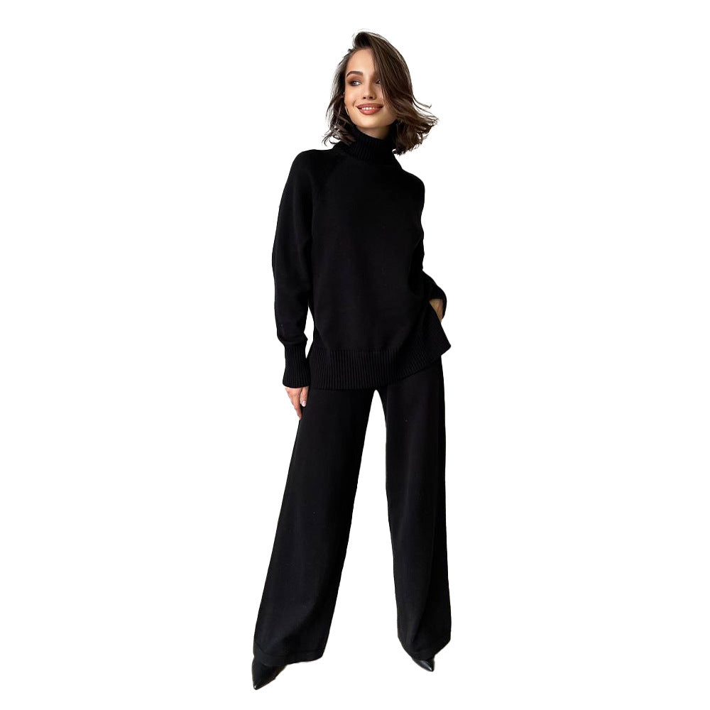 Kvinnens elegante strikkedress med høy krage og vide ben Skjora