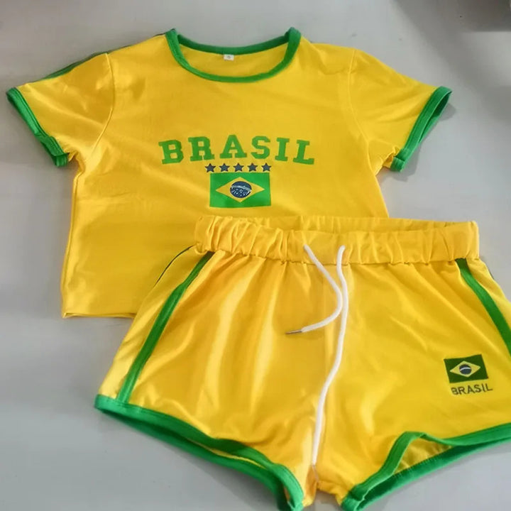 Women's casual short-sleeved shirt with creative Brazil motif and contrasting colored sleeves Skjora