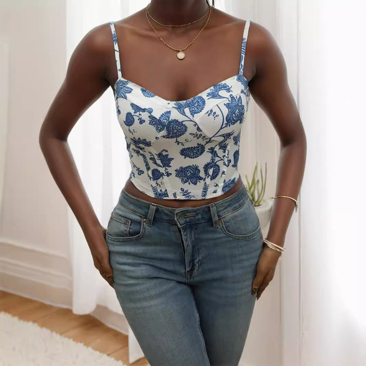 Dame blomster mønster cropped topp Skjora