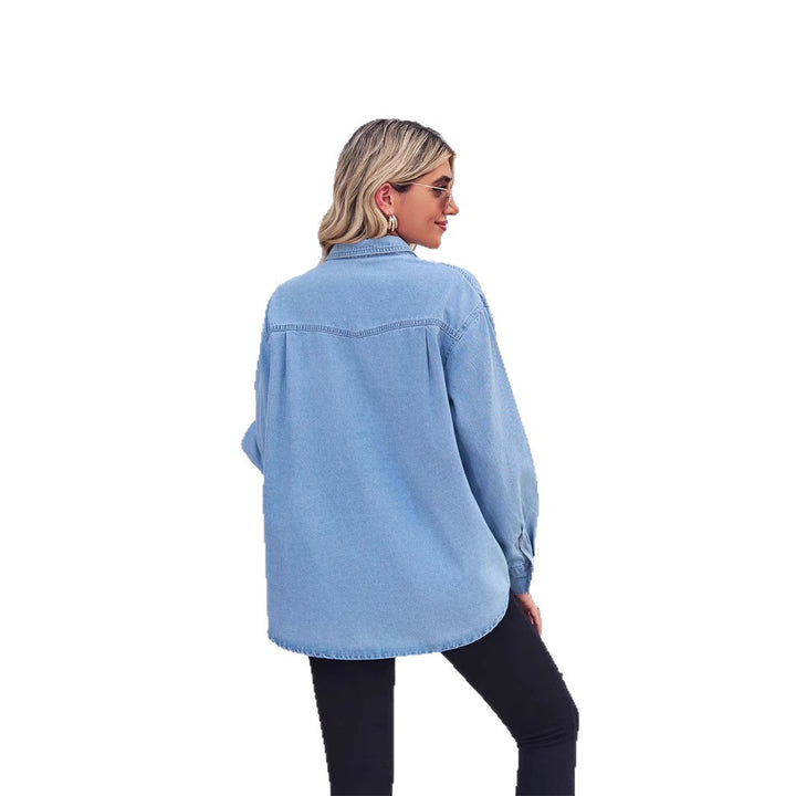 Kvinne Casual Denim Skjorte Bluse med Brystlommer Skjora