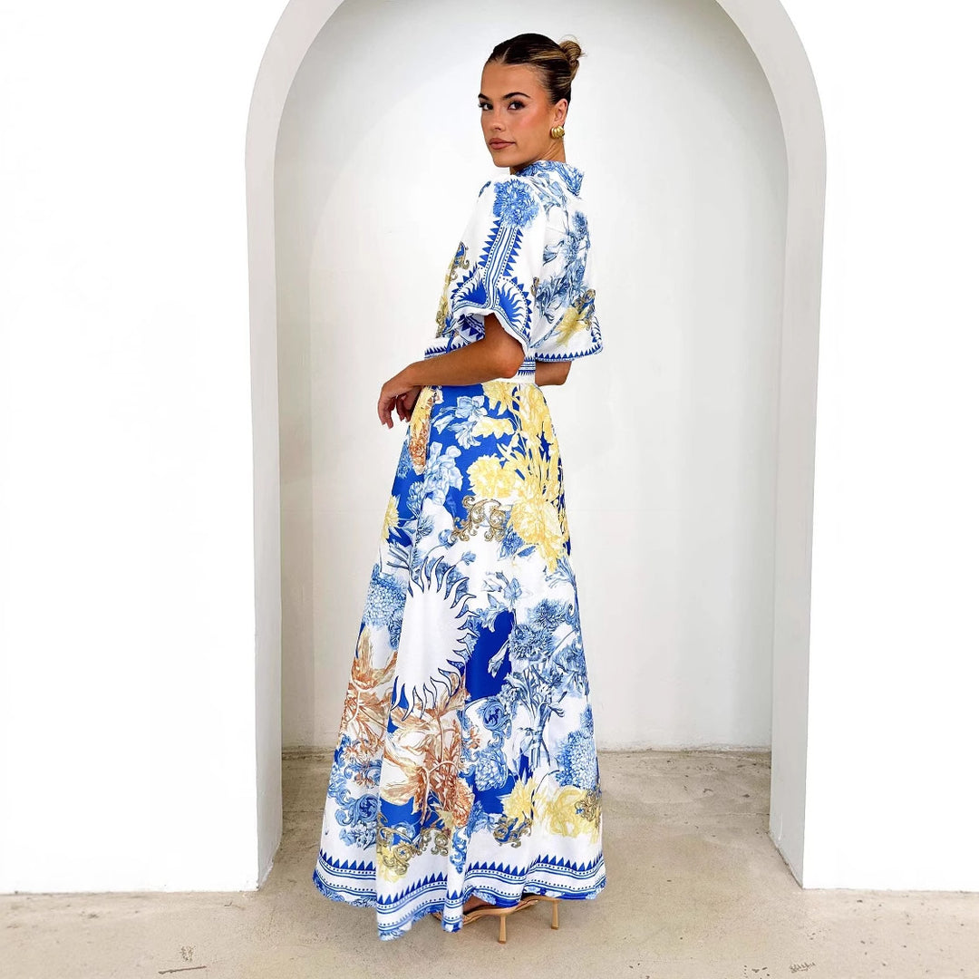 Damer Elegant Maxi Kjole med Blomsterdesign og Splitt Kant Skjora