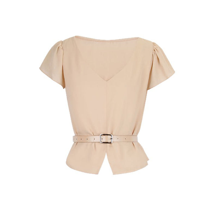 Dame bluse med belte i midjen og elegant V-hals Skjora