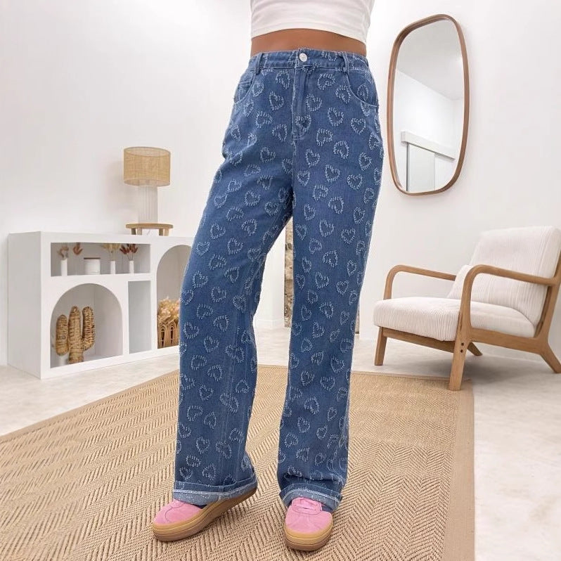 Damer Høytaljede Jeans med unikt hjerte mønster og komfortabel passform