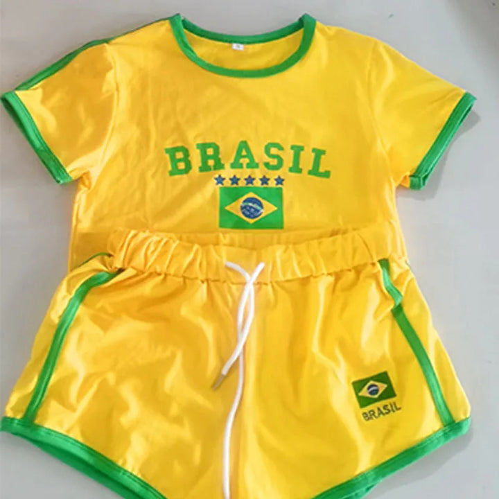 Women's casual short-sleeved shirt with creative Brazil motif and contrasting colored sleeves Skjora