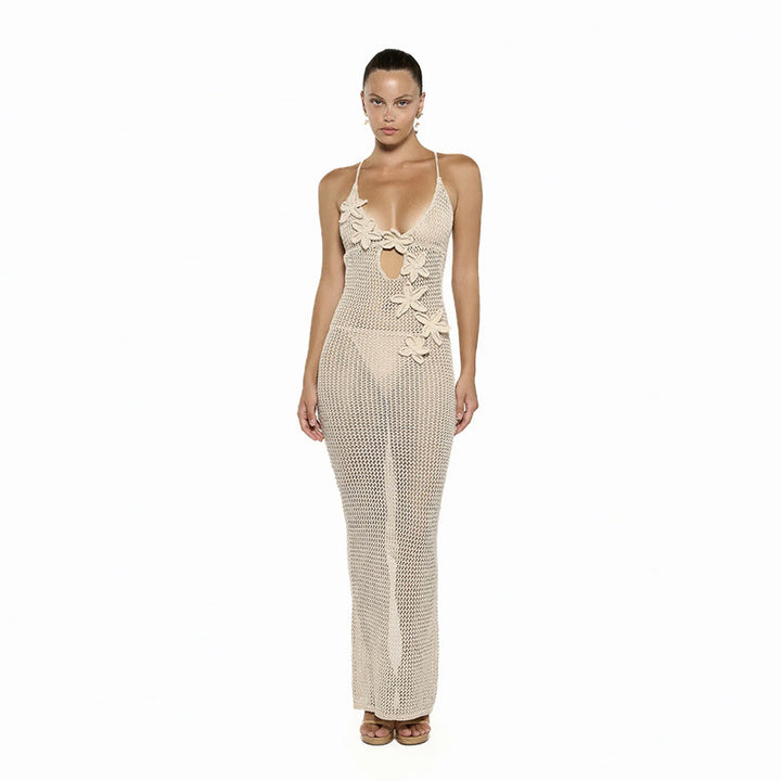 Damen Häkel-Strandkleid mit fröhlich floralem Design und tiefem Ausschnitt Skjora