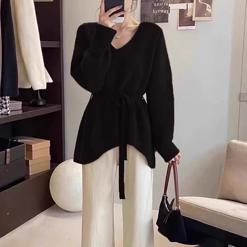 Dame cardigan med elegant V-hals og belte i midjen Skjora