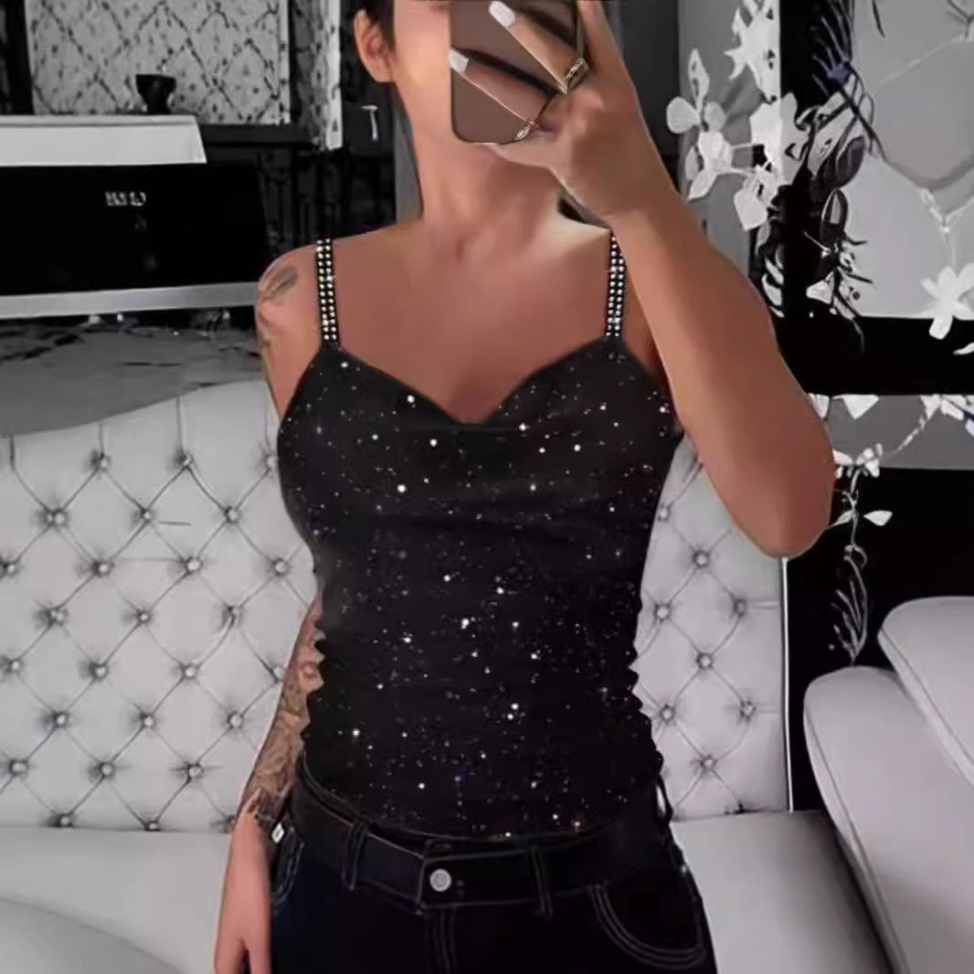 Damer Elegant Spagettistrop Top med Glitterdetaljer Skjora