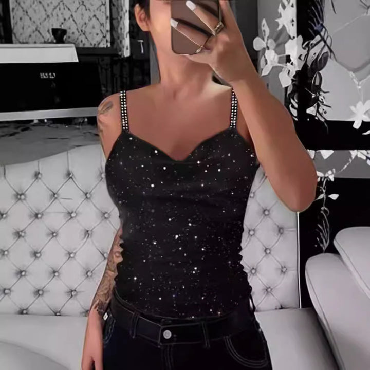 Damer Elegant Spagettistrop Top med Glitterdetaljer Skjora