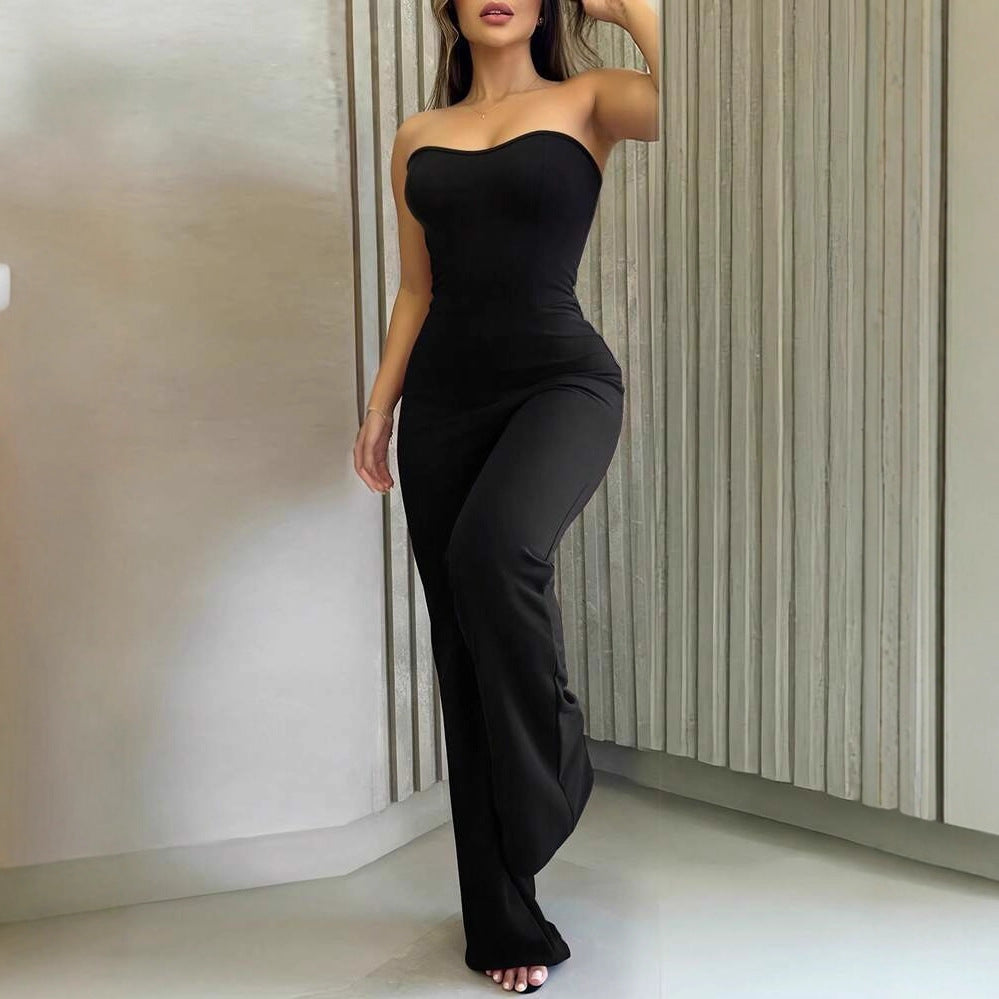 Damer figurvennlig jumpsuit med elegant bandeau-utrigning og vid bense