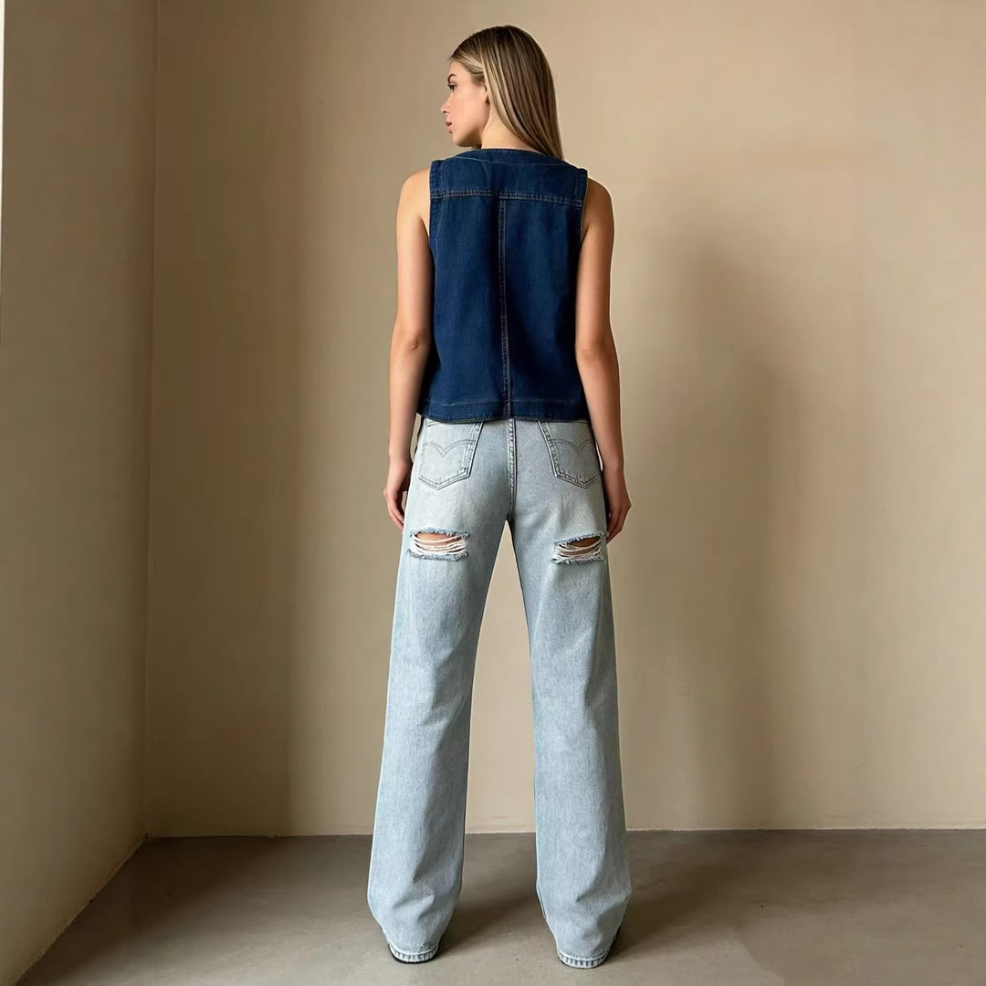 Damer casual denim vest med knappdetaljer og påsydde lommer Skjora
