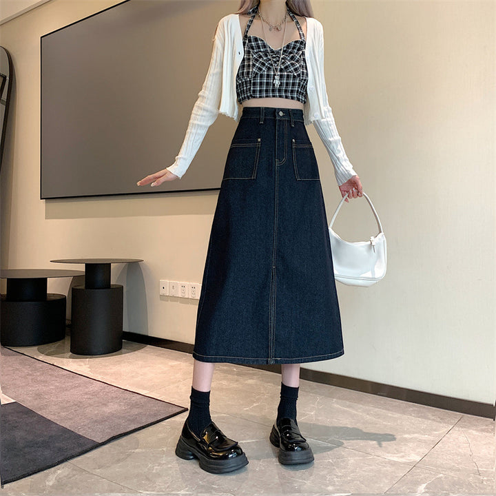 Kvinne Lang Denim Skjørt med Praktiske Lommer Skjora