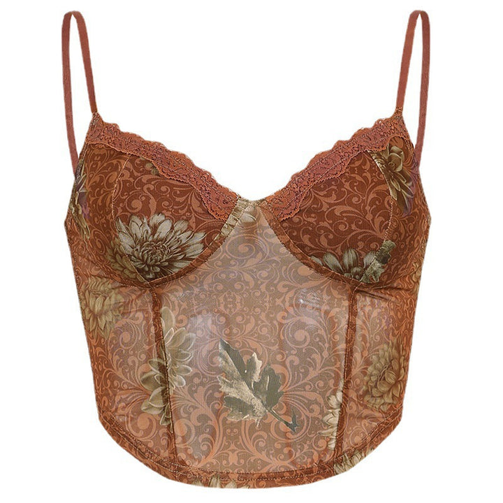 Dame tanktop med blonderdetaljer og blomstermønster Skjora