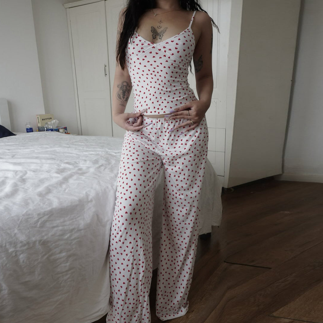 Dame Pyjamasett med romantisk hjerte-mønster og mykt stoff Skjora