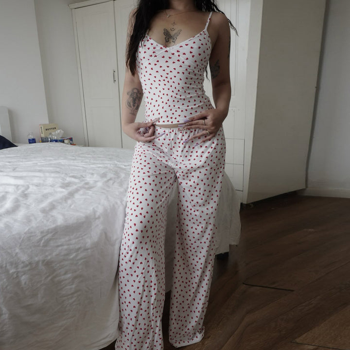 Dame Pyjamasett med romantisk hjerte-mønster og mykt stoff Skjora