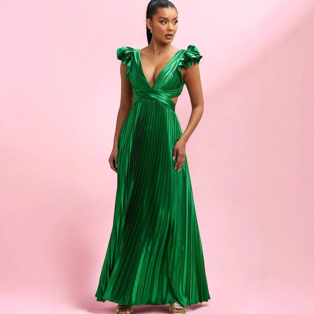 Damer Glamorous Plisserte Maxi Kjole med Dyp V-Hals og Puffermarmer Skjora