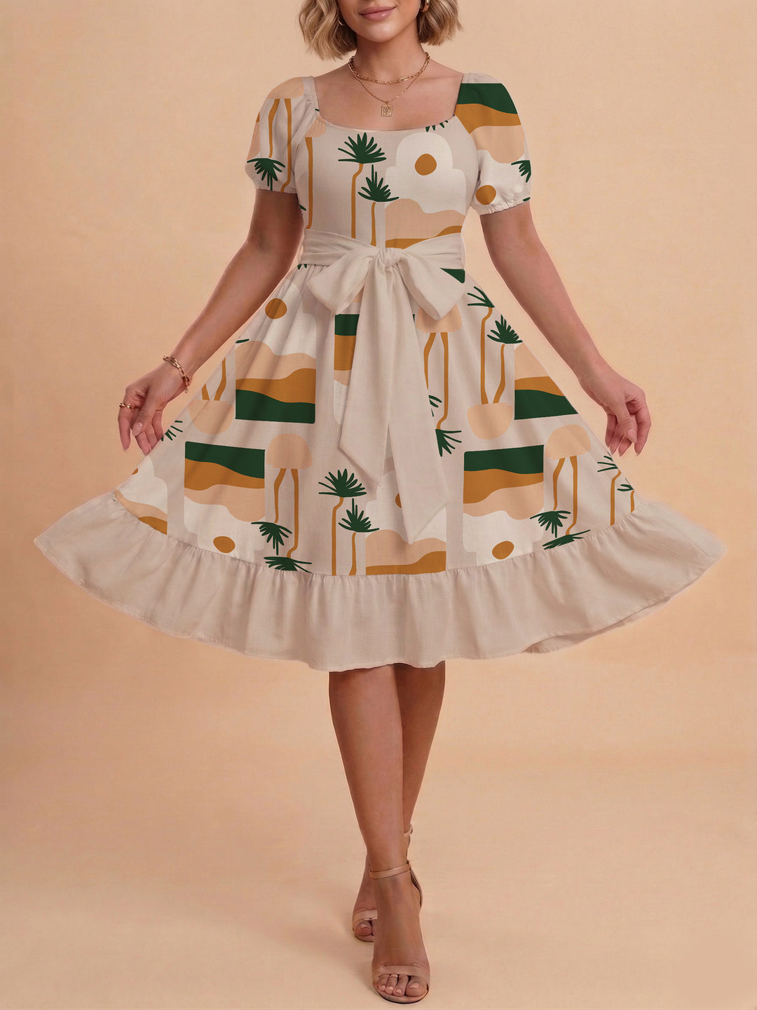 Damen Sommerliches Blumenkleid mit taillierbarem Gürtel und voluminösen Ärmeln Skjora
