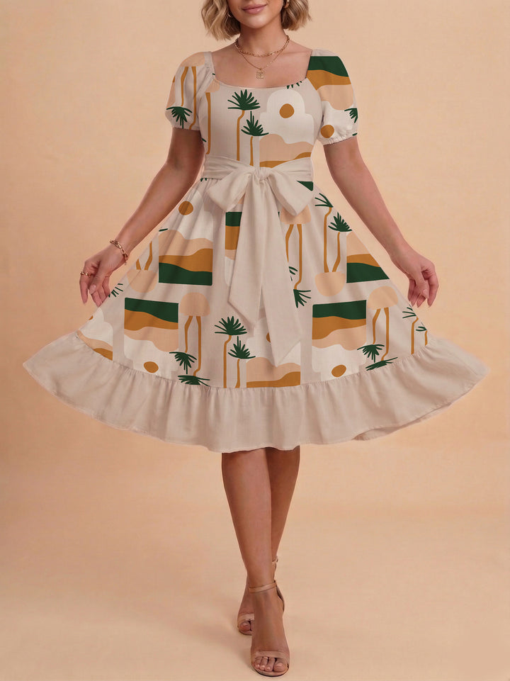 Damen Sommerliches Blumenkleid mit taillierbarem Gürtel und voluminösen Ärmeln Skjora