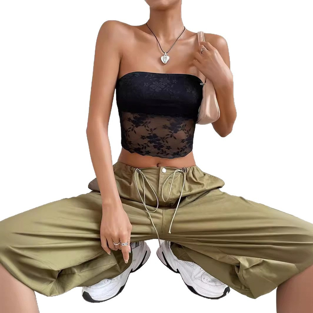 Dame gjennomsiktig Crop-Top med florale detaljer Skjora