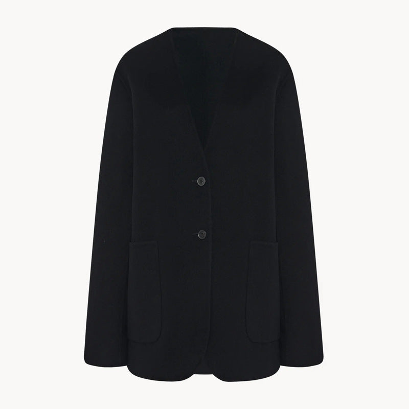 Dame elegant strikk blazer med stor revers og praktiske lommer Skjora