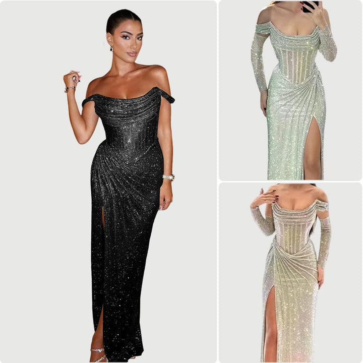 Kvinne Elegant Kveldsdress med Glitrende Smykke Detalj og Drapert Skjørt