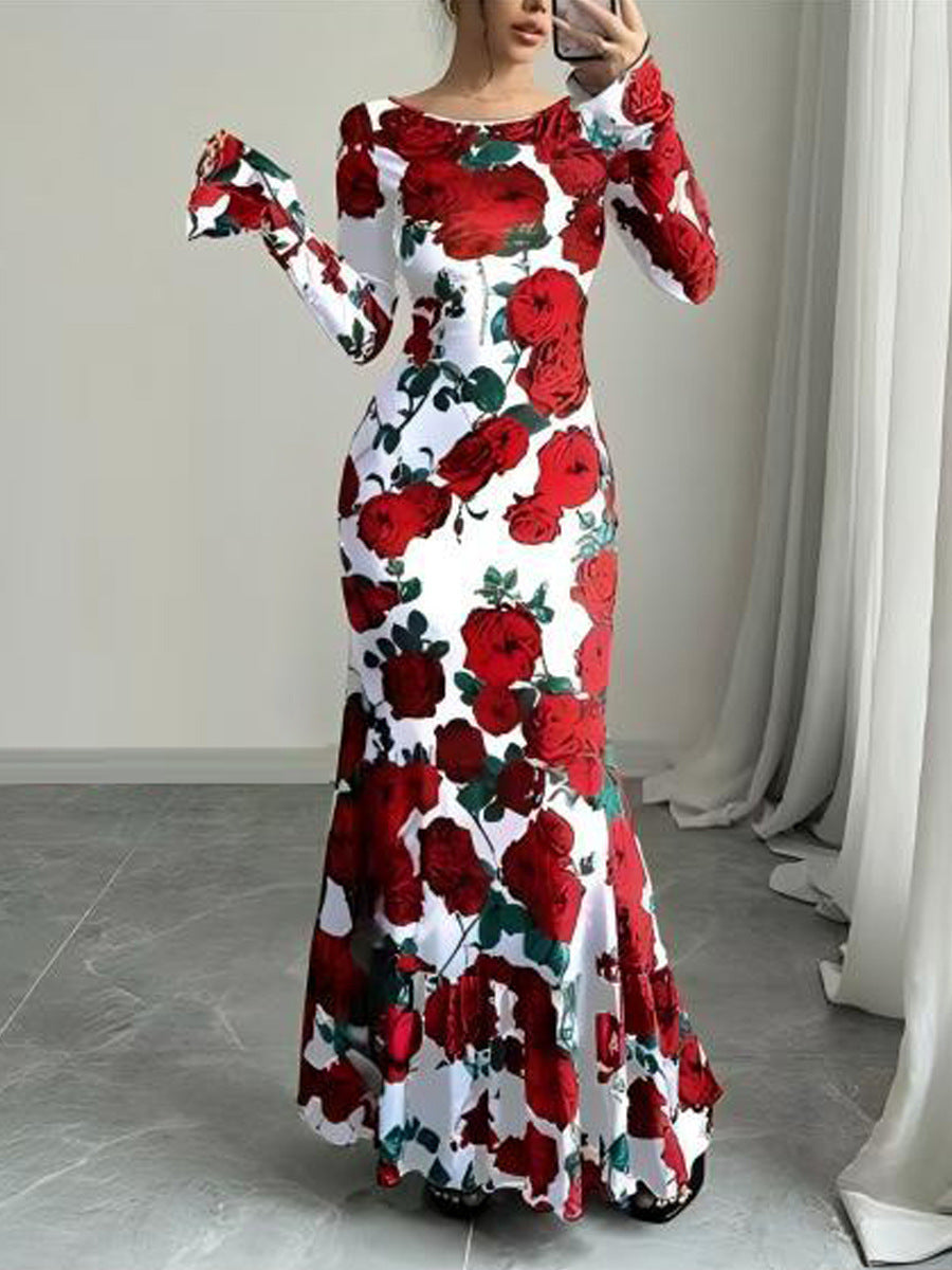 Kvinnene Elegant Maxi Kjole med Blomster Rysjedetaljer og Lange Ermer Skjora