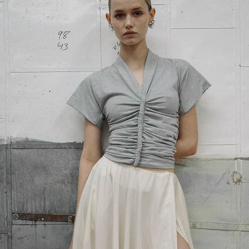 Damer elegant kortermet topp med figurformende ruffling Skjora