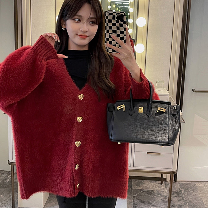 Dames Oversized Cardigan med Hjerteknapper og Mykt Materiale Skjora
