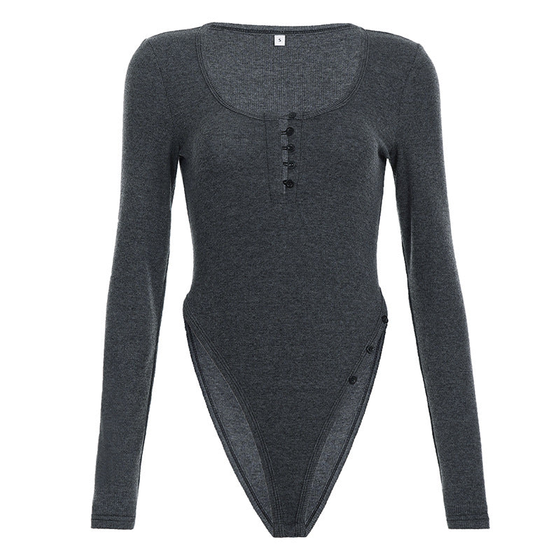 Damer figurnær langermet bodysuit med elegant V-hals og trykknappdetalj Skjora
