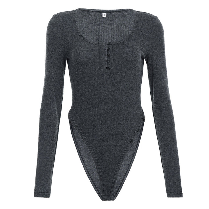 Damer figurnær langermet bodysuit med elegant V-hals og trykknappdetalj Skjora