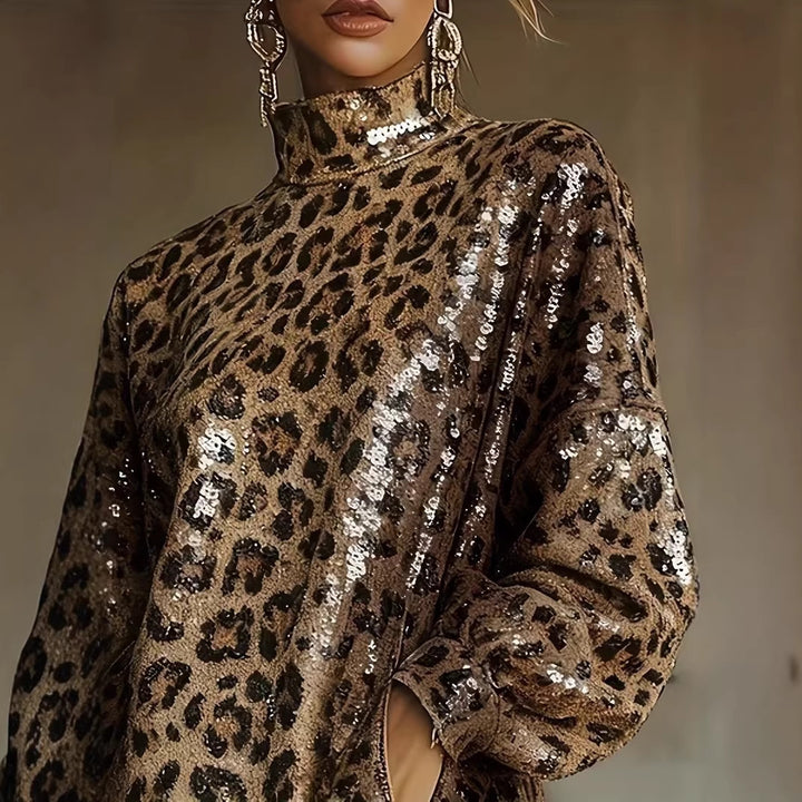 Kvinne Glitrende Kort Kjole med Leopardmønster og Frynser Skjora