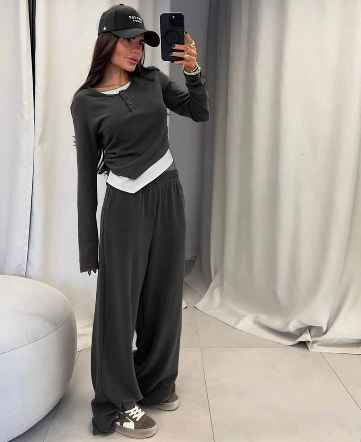 Kvinne Kjedelig To-Delt Fullt Outfit med Chic Krage og Løse Bukser Skjora