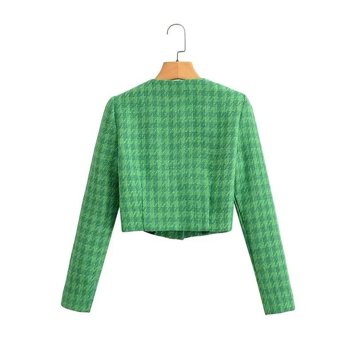 Dame Kort Boucle Jakke med Elegant Rutete Mønster Skjora