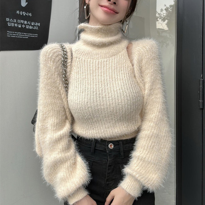 Damer Stilfull Turtleneck Genser med Puff Ermer Skjora