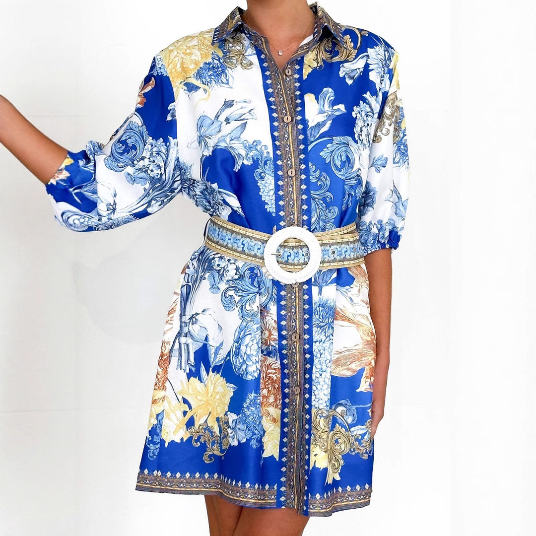 Kjolebluse for damer med blomstermønster og livbelte Skjora