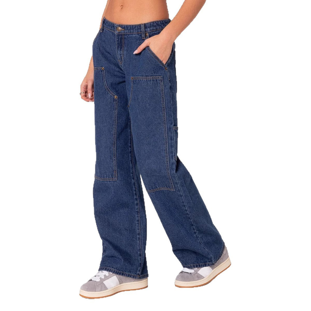 Kvindernes brede snit utility jeans med praktiske lommer og høj talje