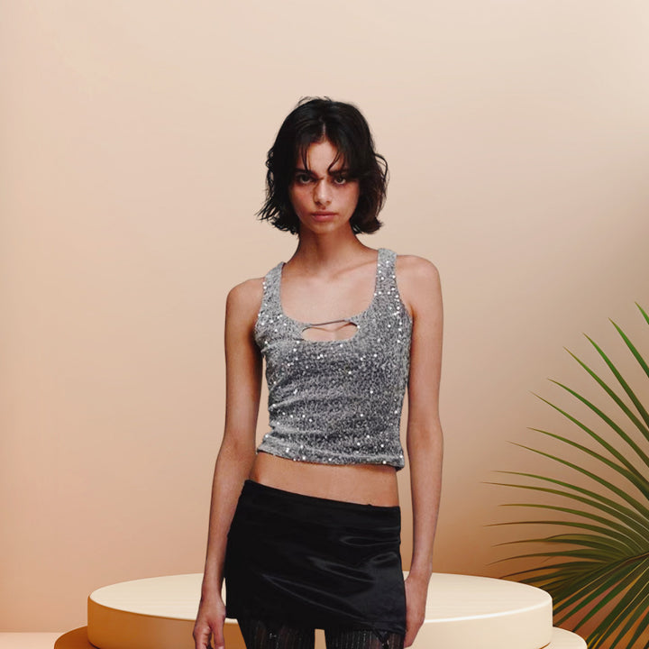 Kvinne Glitterende Crop Top med Skinnende Effekt og U-formet Utringning Skjora