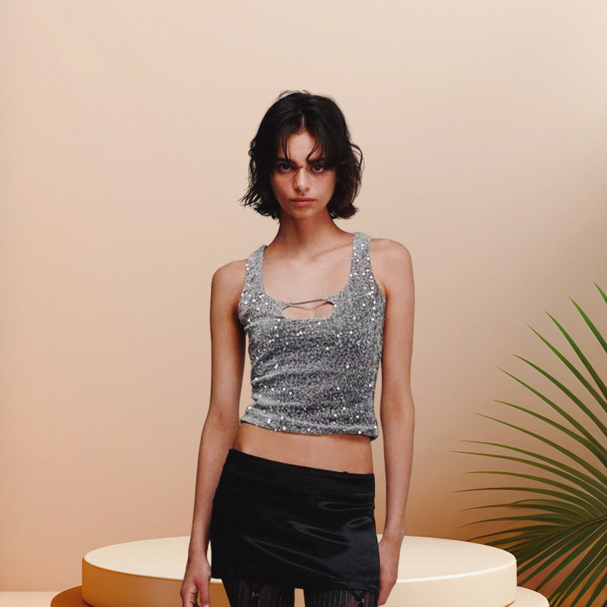 Kvinne Glitrende Crop Top med Skinnende Effekt og Scoop-Cut Utringning Skjora
