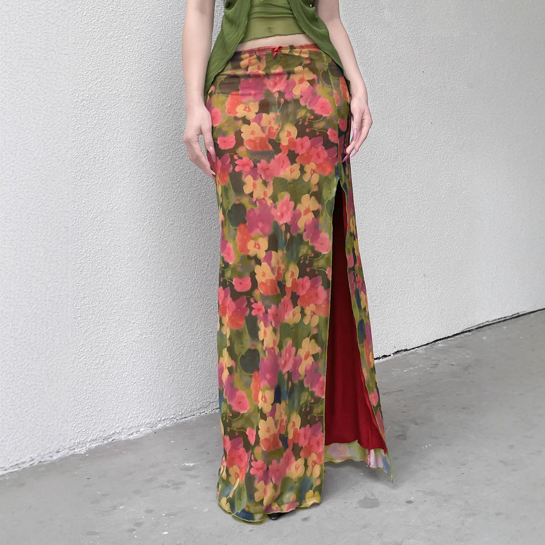 Dame Maxi skjørt med blomster chiffon-design og sidestilt Skjora
