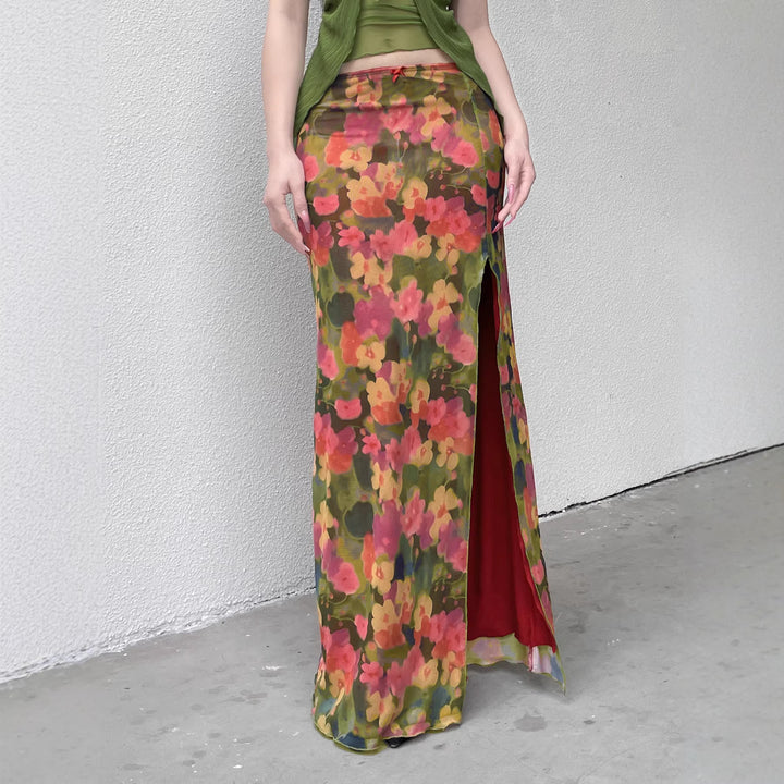 Dame Maxi skjørt med blomster chiffon-design og sidestilt Skjora