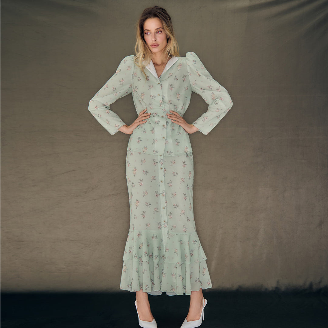 Damer Floral Pattern Maxi Kjole med Puff Ermer Skjora