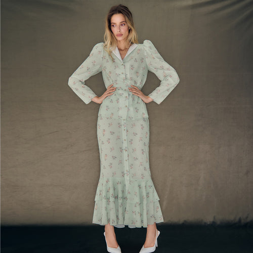 Damer Floral Pattern Maxi Kjole med Puff Ermer Skjora