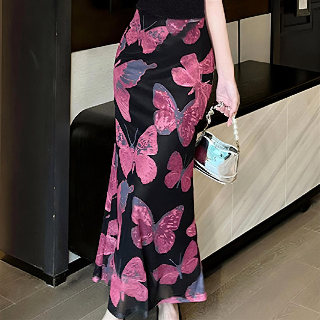 Dame Elegant Maxi Kjole med Blomster Sommerfuglmønster og Gjennomsiktig Nederkant