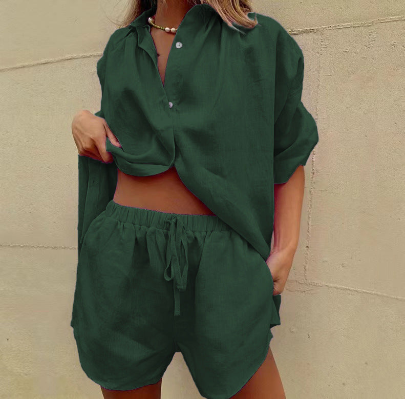 Damer luftig linnebluse med shorts Skjora