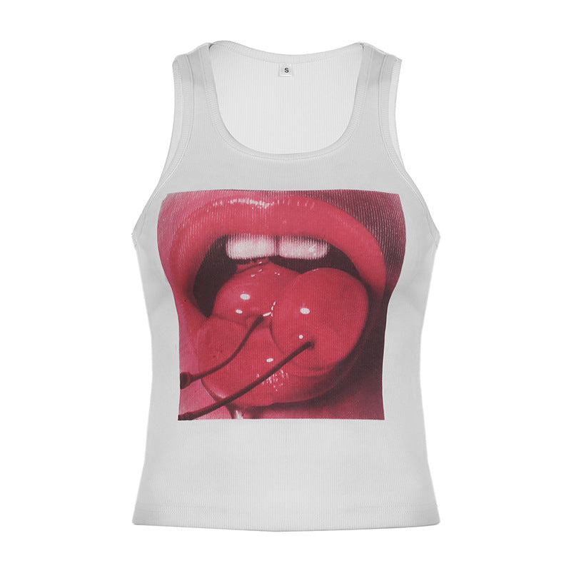 Dame tanktop med iøynefallende grafisk trykk Skjora
