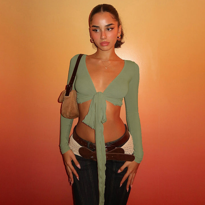 Dame Crop-Top med lekent knytebånd og lange ermer Skjora