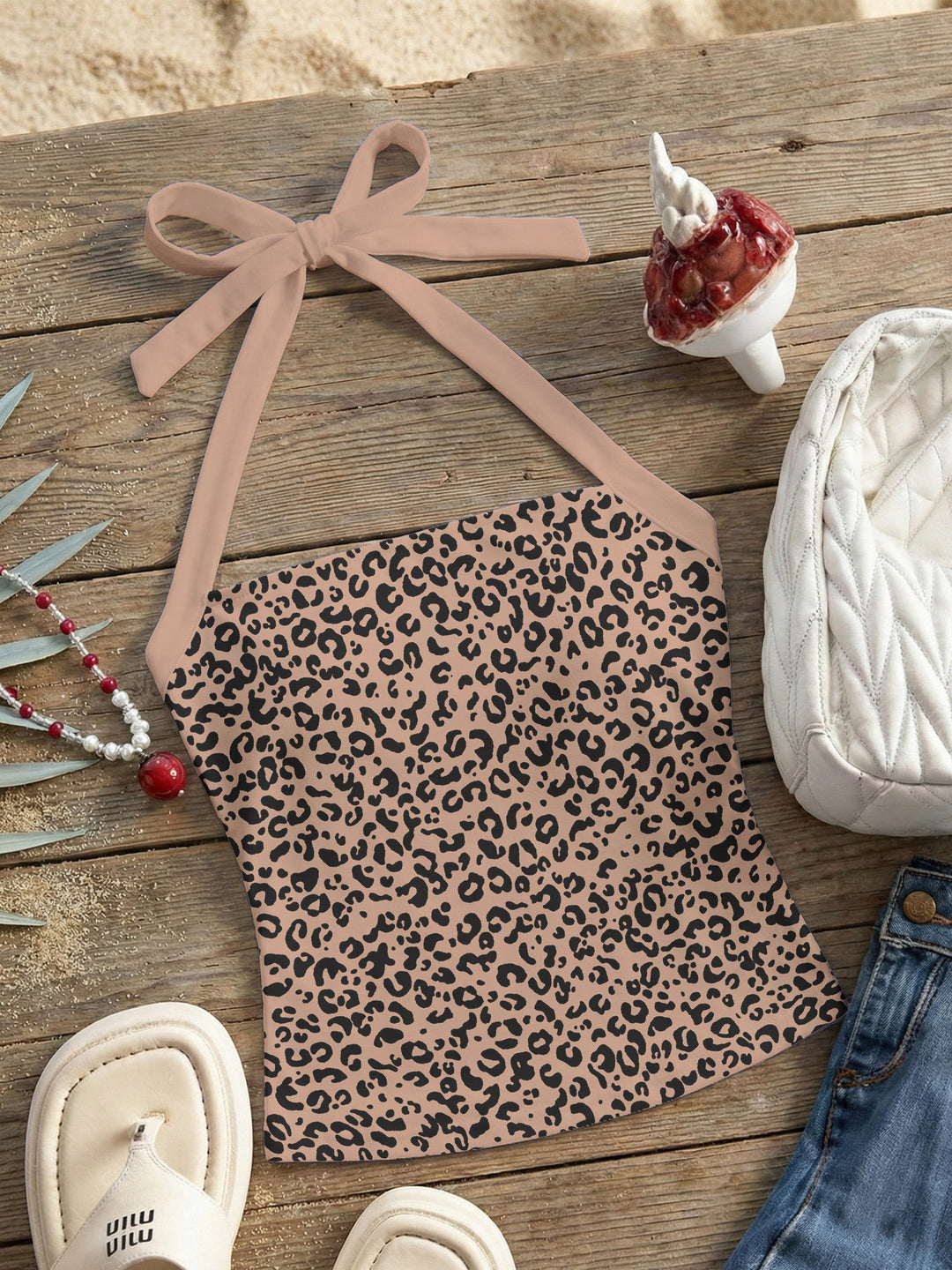 Damen Neckholder Top mit verspieltem Leopardenmuster Skjora