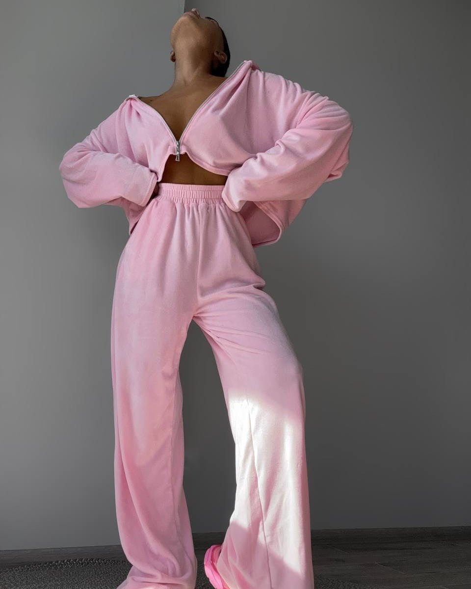 Kvinners fleece loungewear-sett med høy krage og løs passform Skjora